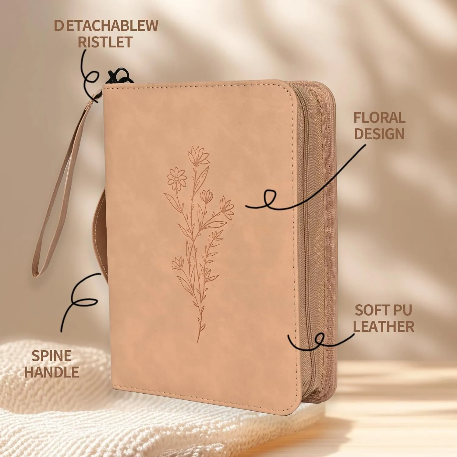 Bible Cover case Woman with Detachable Wristband, Flower Bible Cover, PU Leather Large Size Bible Bag, Durable Bible Carrying Case Detachable Wristband, Ideal Gift for Women and Men (Brown)