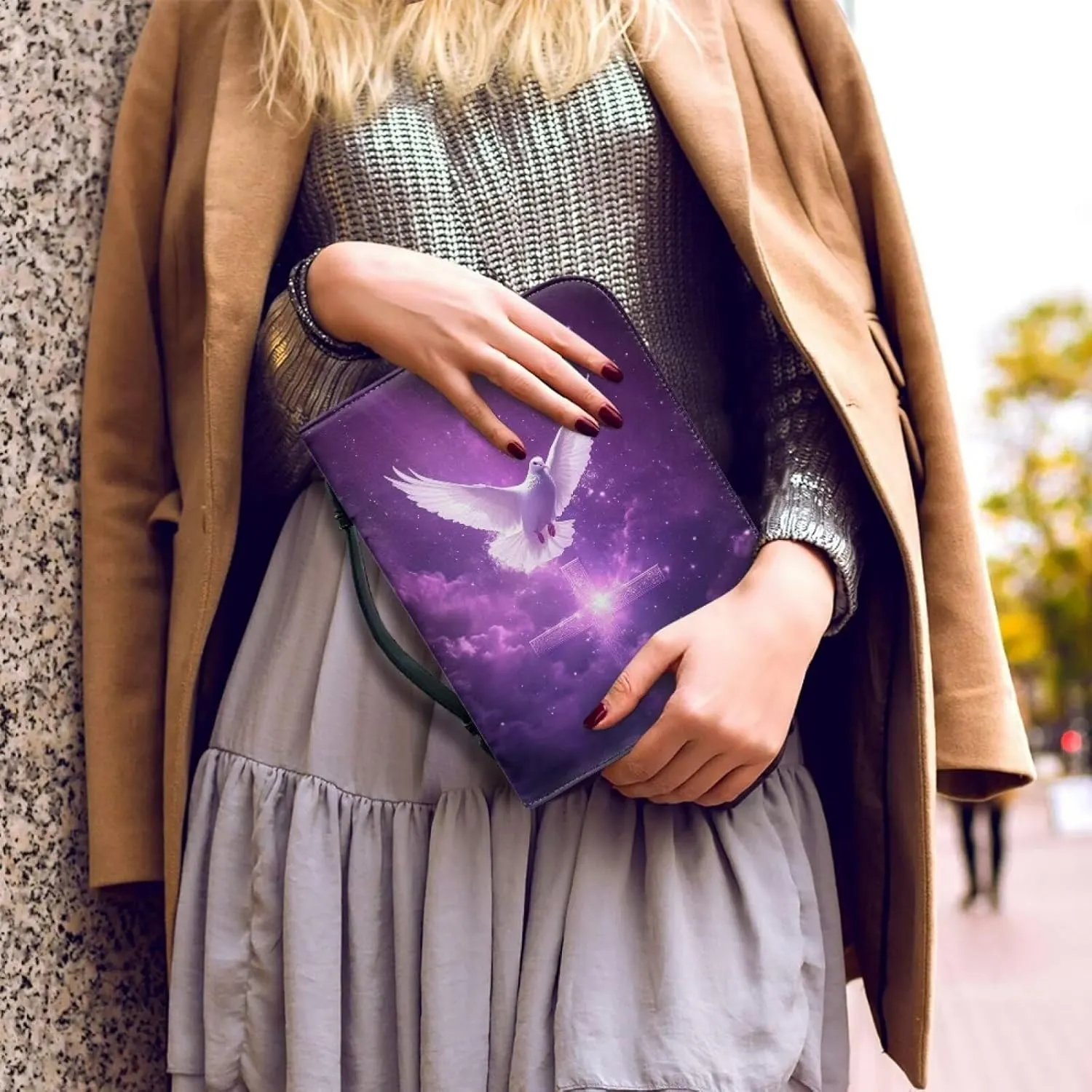 Bible Covers Case for Women Girls, Bible Lightweight Storage Bag Book Case with Handle Easy to Carry Bible Carrier for Travel Hiking Worship,Purple Starry Dove Cross