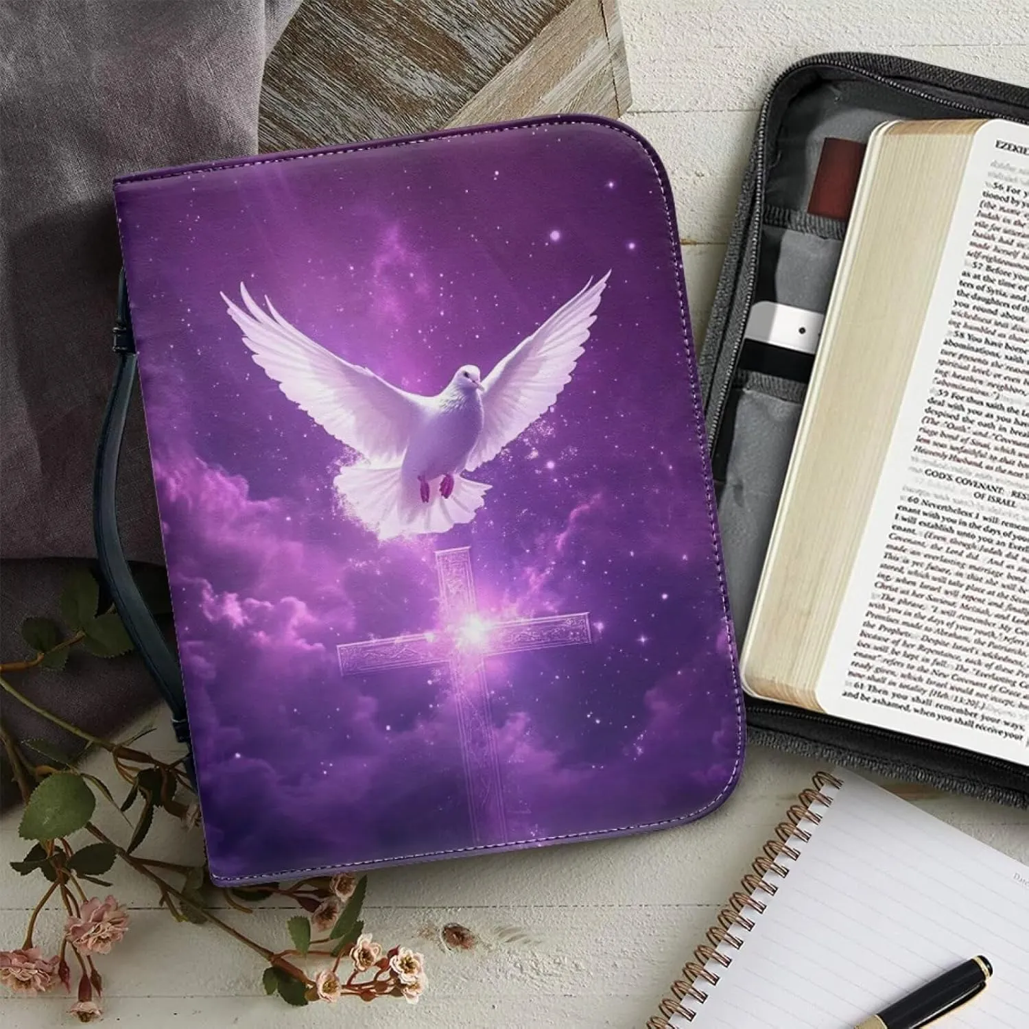 Bible Covers Case for Women Girls, Bible Lightweight Storage Bag Book Case with Handle Easy to Carry Bible Carrier for Travel Hiking Worship,Purple Starry Dove Cross
