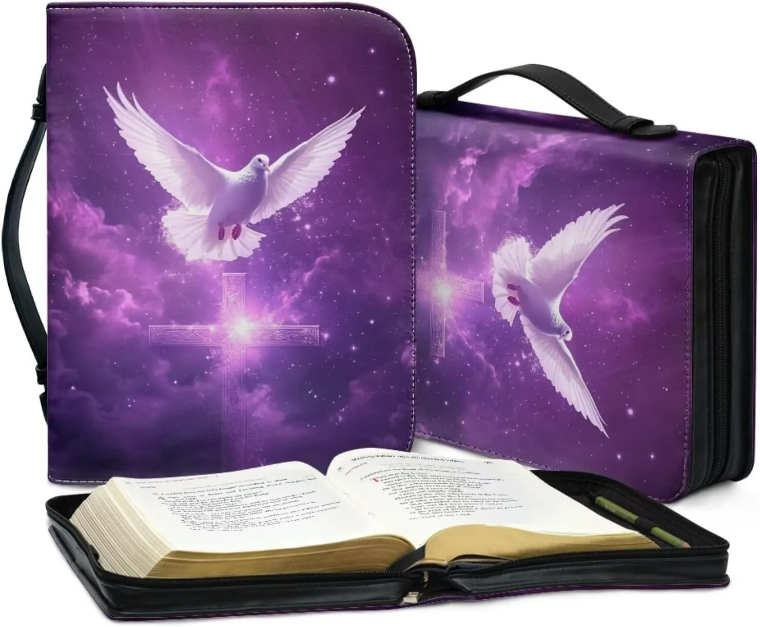 Bible Covers Case for Women Girls, Bible Lightweight Storage Bag Book Case with Handle Easy to Carry Bible Carrier for Travel Hiking Worship,Purple Starry Dove Cross
