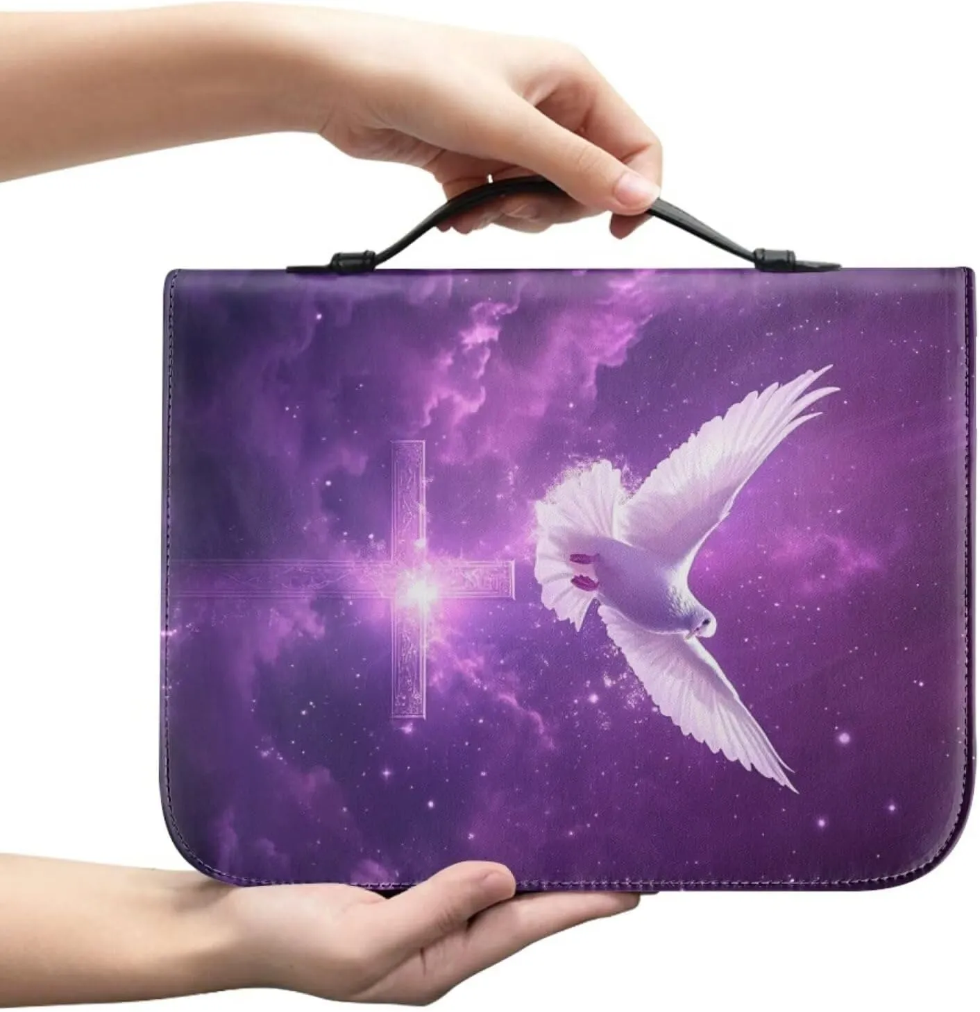 Bible Covers Case for Women Girls, Bible Lightweight Storage Bag Book Case with Handle Easy to Carry Bible Carrier for Travel Hiking Worship,Purple Starry Dove Cross