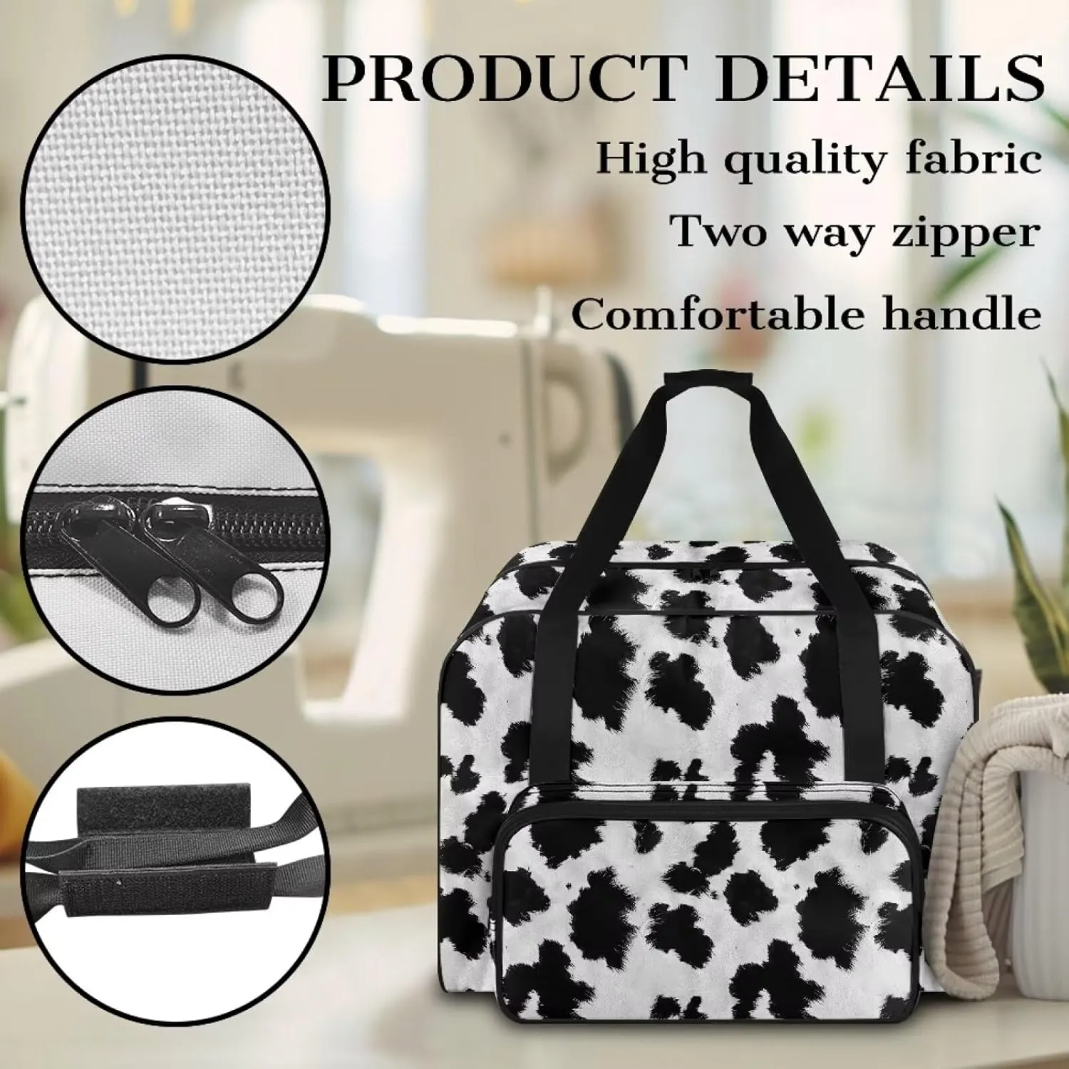 Black And White Cow Sewing Machine Case Tote, Travel Case Tote Bag for Sewing Machine, Universal Sewing Box Storage Bag for Most Standard Size Sewing Machine
