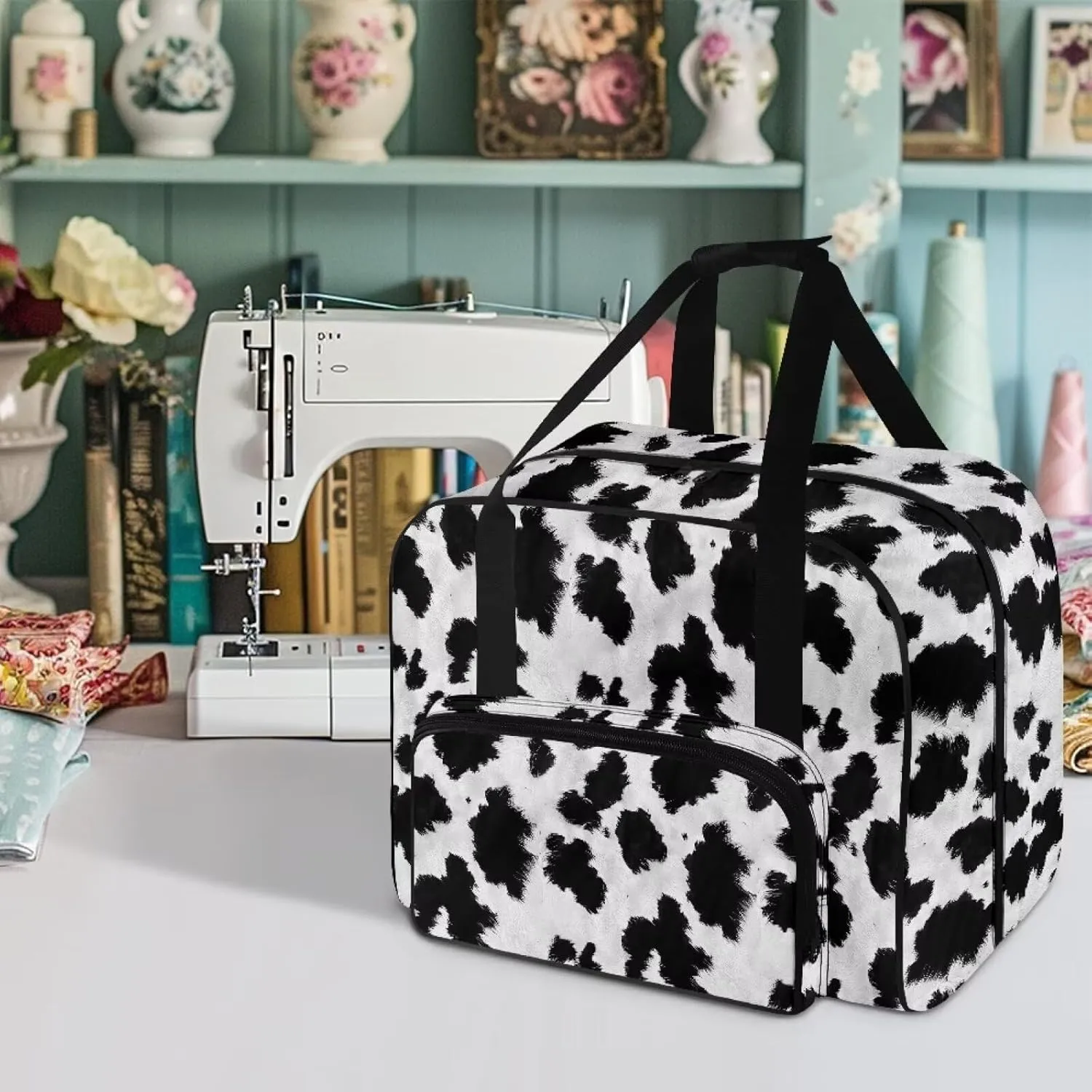 Black And White Cow Sewing Machine Case Tote, Travel Case Tote Bag for Sewing Machine, Universal Sewing Box Storage Bag for Most Standard Size Sewing Machine