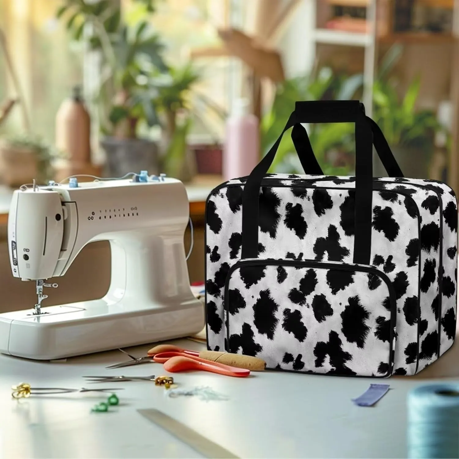 Black And White Cow Sewing Machine Case Tote, Travel Case Tote Bag for Sewing Machine, Universal Sewing Box Storage Bag for Most Standard Size Sewing Machine