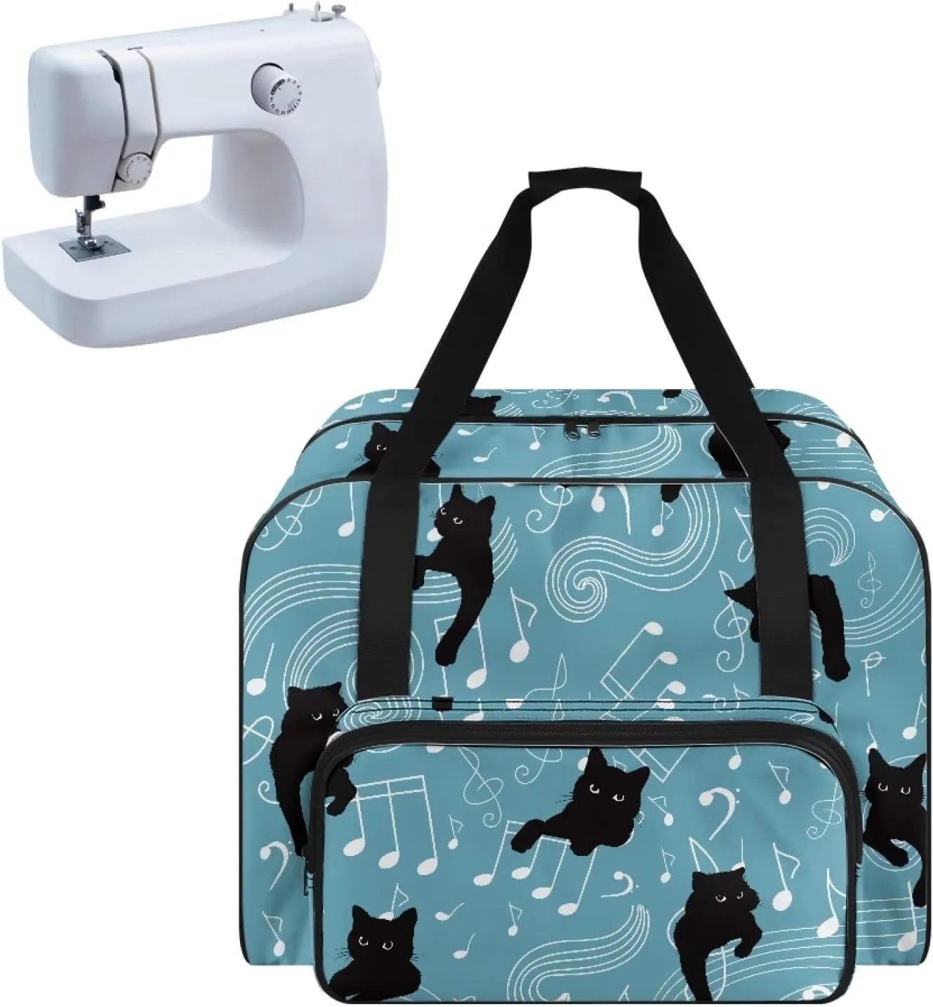 Black Cat Note Sewing Machine Carrying Case for Most Standard Sewing Machine, Portable Travel Tote Bag with Compartments and Pockets for Sewing Supplies