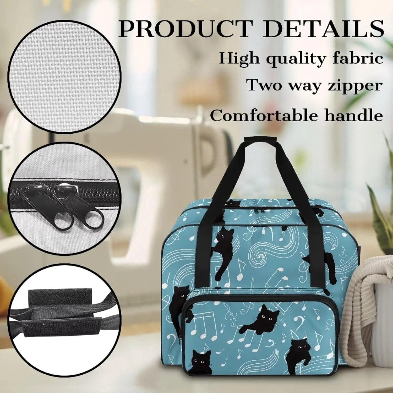 Black Cat Note Sewing Machine Carrying Case for Most Standard Sewing Machine, Portable Travel Tote Bag with Compartments and Pockets for Sewing Supplies