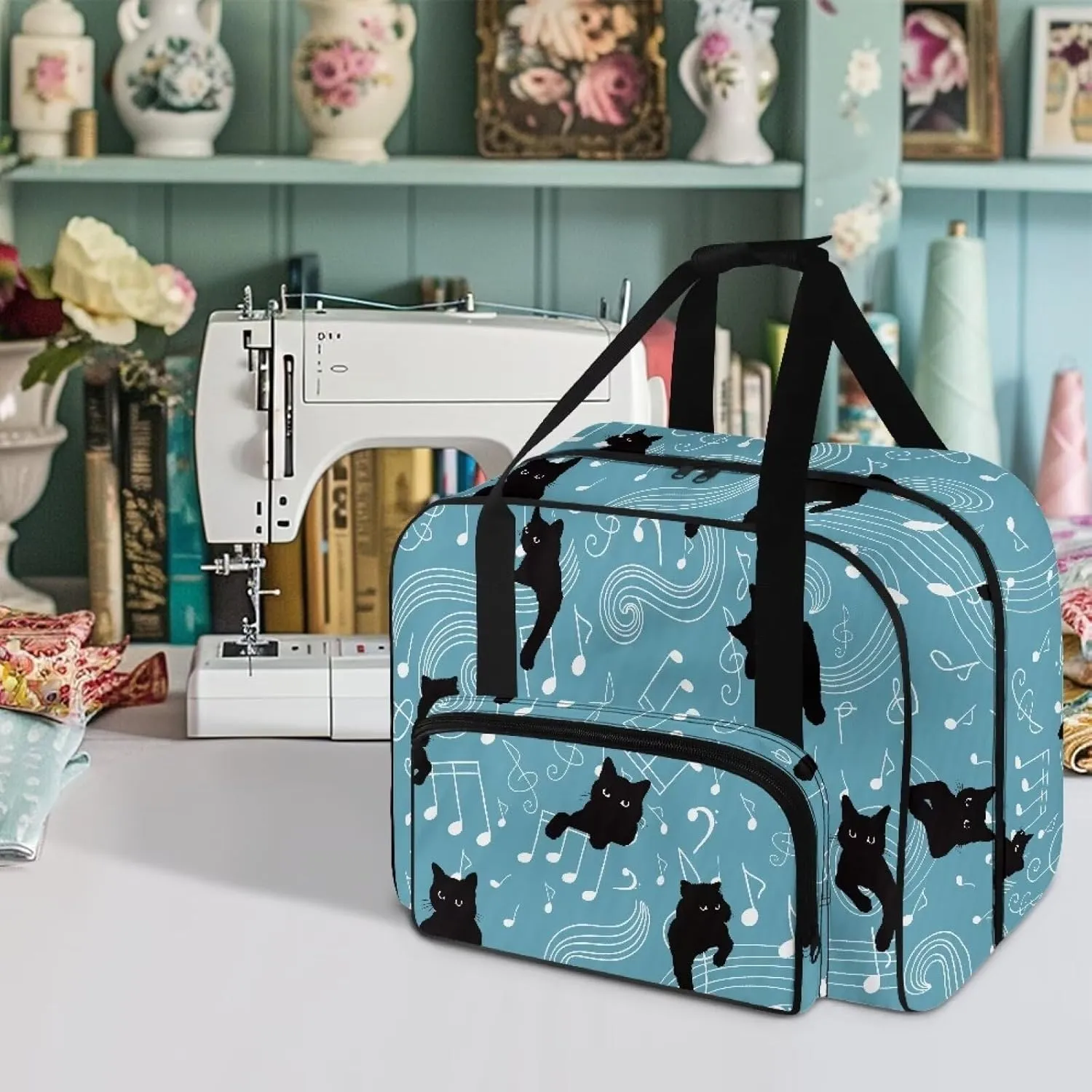 Black Cat Note Sewing Machine Carrying Case for Most Standard Sewing Machine, Portable Travel Tote Bag with Compartments and Pockets for Sewing Supplies