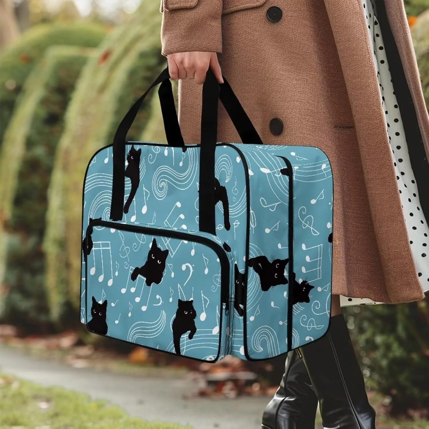 Black Cat Note Sewing Machine Carrying Case for Most Standard Sewing Machine, Portable Travel Tote Bag with Compartments and Pockets for Sewing Supplies