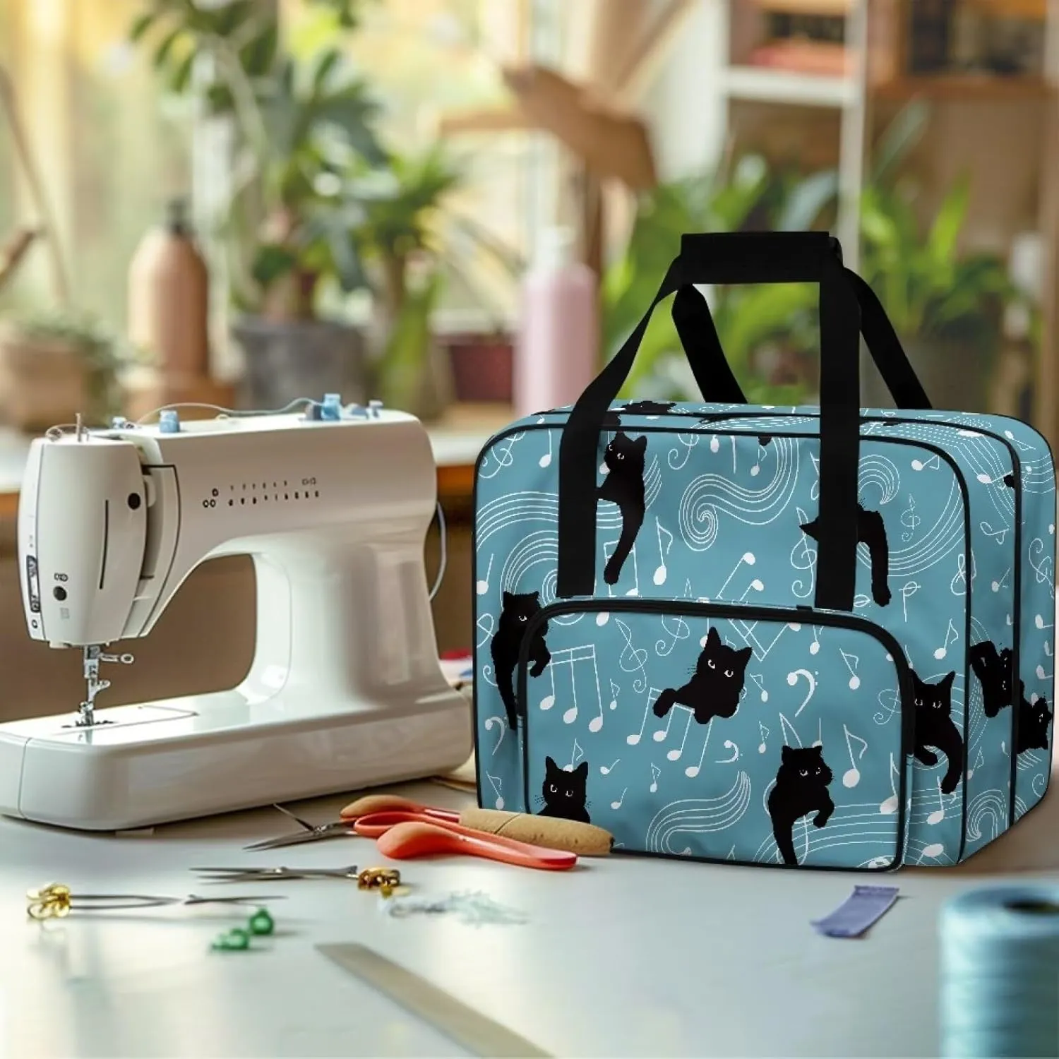 Black Cat Note Sewing Machine Carrying Case for Most Standard Sewing Machine, Portable Travel Tote Bag with Compartments and Pockets for Sewing Supplies