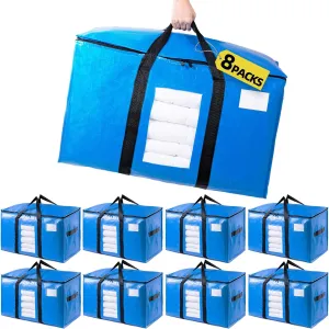 Blue Extra Large Moving Bags 8 Packs, Heavy Duty Storage Bags with Zipper & Wrap Handles, Collapsible Storage Totes with Tag Pocket for Home & Dorm