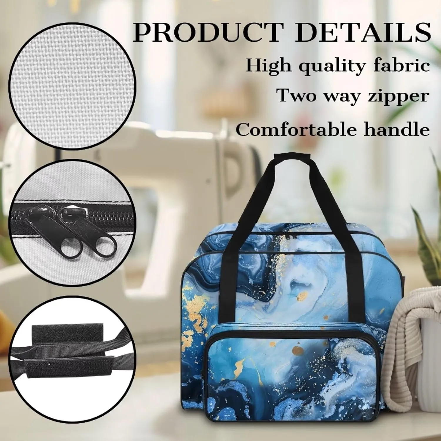 Blue Marble Sewing Machine Carrying Case with Storage Pockets, Universal Tote Bag with Bottom Pad Compatible with Most Standard Singer, Brother