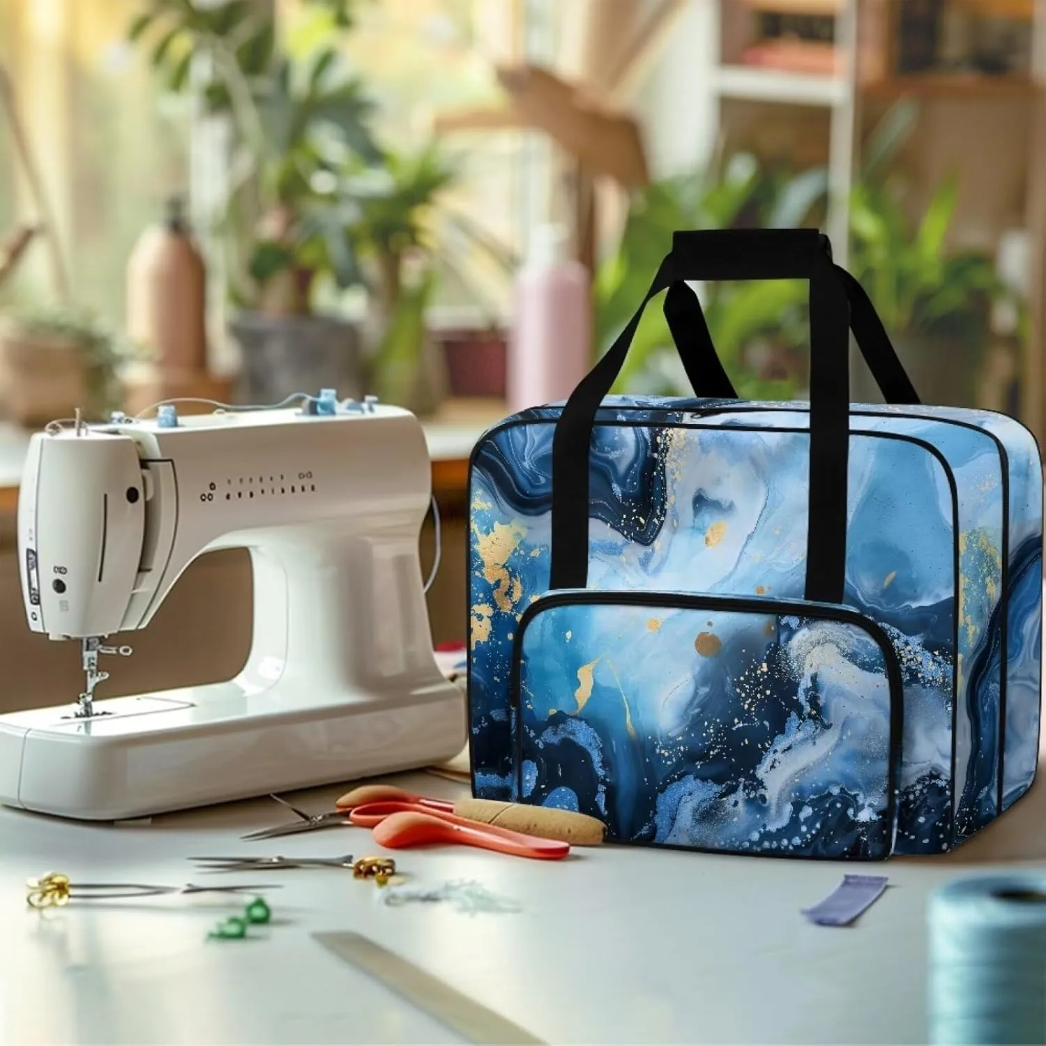 Blue Marble Sewing Machine Carrying Case with Storage Pockets, Universal Tote Bag with Bottom Pad Compatible with Most Standard Singer, Brother