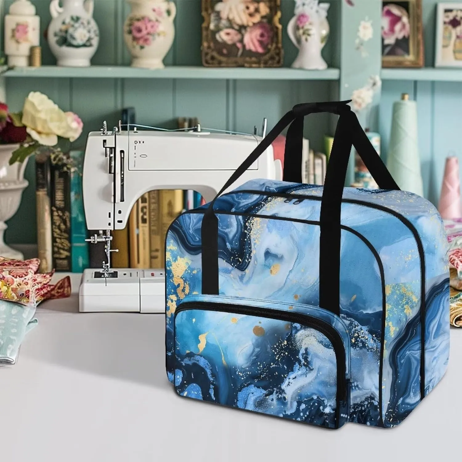 Blue Marble Sewing Machine Carrying Case with Storage Pockets, Universal Tote Bag with Bottom Pad Compatible with Most Standard Singer, Brother