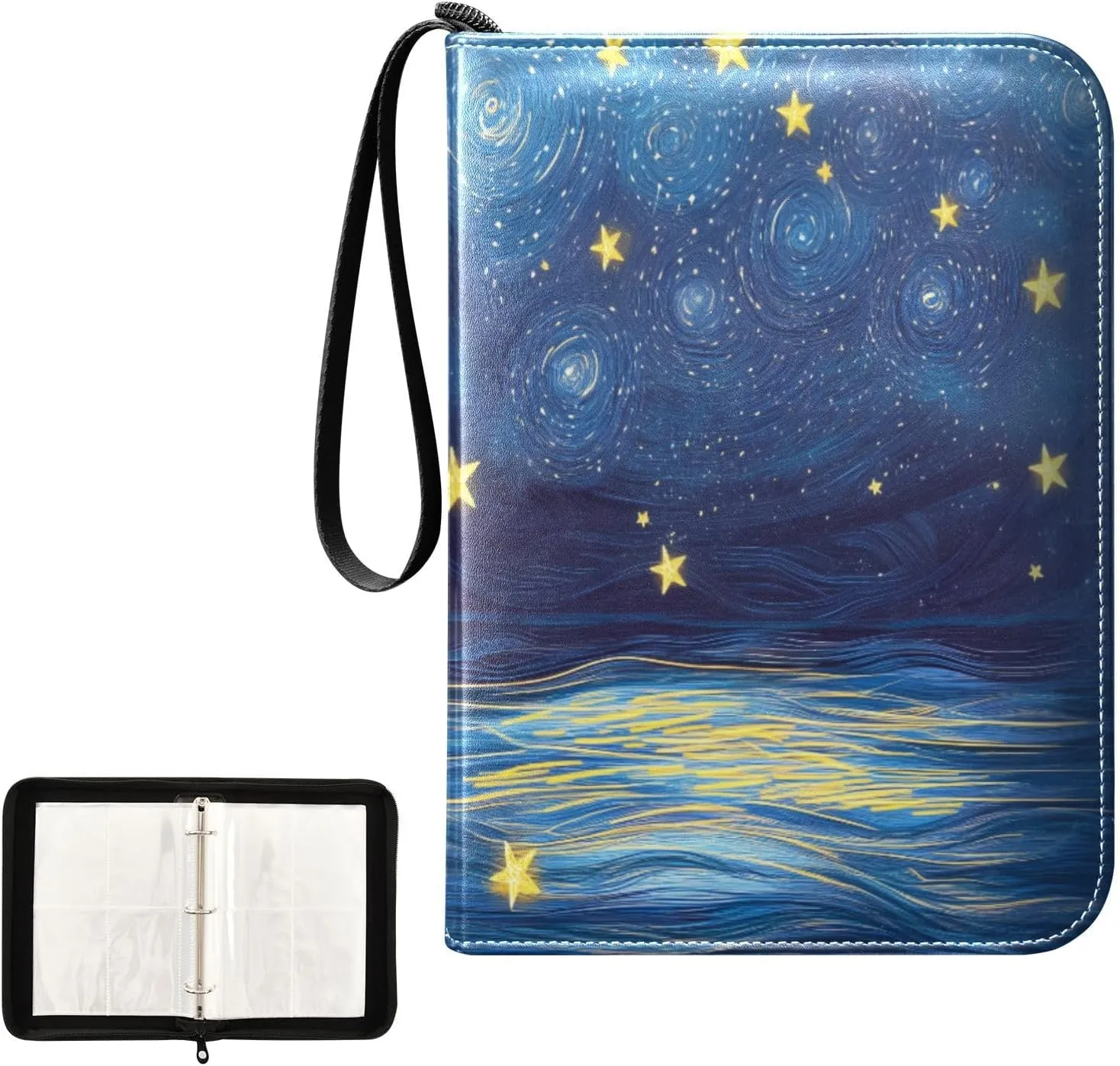 Blue Painting Starry Night Sky Star Wave Card Binder 4 Pocket, Trading Card Holder Fits 400 Game Cards with 50 Removable Sleeves, MTG Card Case Standard Size