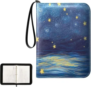 Blue Painting Starry Night Sky Star Wave Card Binder 4 Pocket, Trading Card Holder Fits 400 Game Cards with 50 Removable Sleeves, MTG Card Case Standard Size