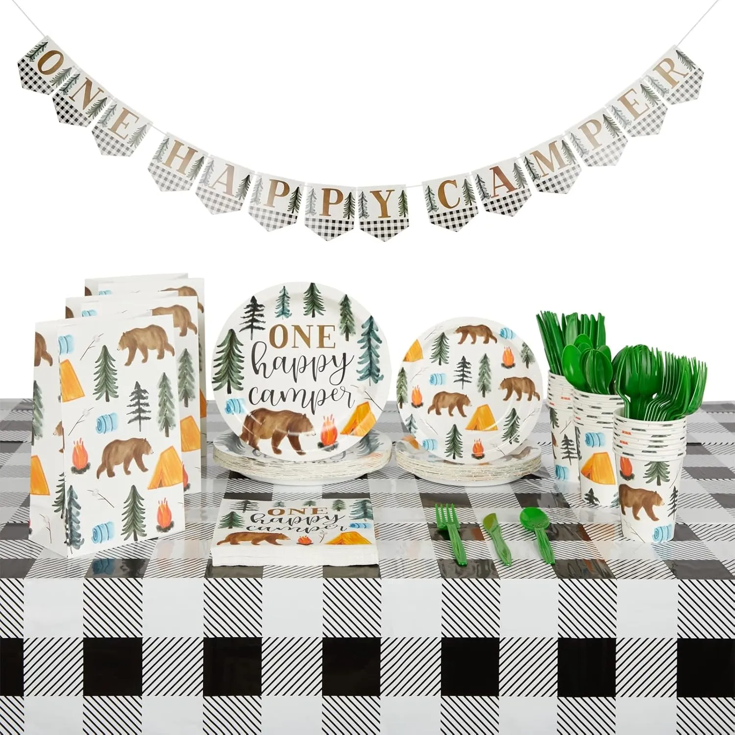 BLUE PANDA Camping 1st Birthday Party Dinnerware - One Happy Camper Birthday Decorations - Camping-Themed Party Decorations, Celebration Supplies for Boys and Kids (Serves 24 Camper Decor)