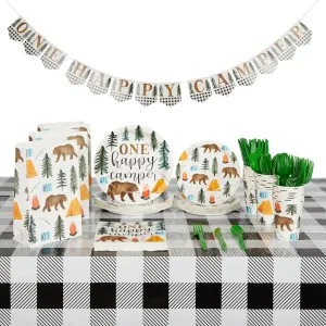 BLUE PANDA Camping 1st Birthday Party Dinnerware - One Happy Camper Birthday Decorations - Camping-Themed Party Decorations, Celebration Supplies for Boys and Kids (Serves 24 Camper Decor)