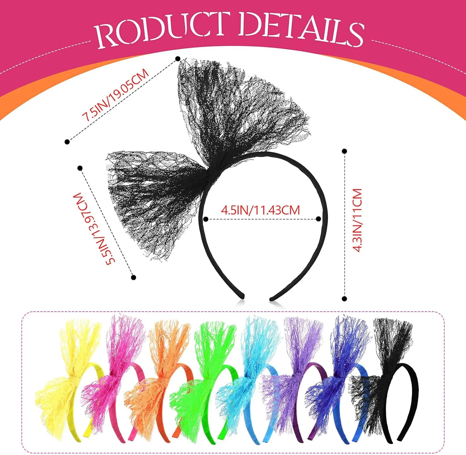 Blulu Set of 8 80's Lace Headband with Bow for Women 80s Hair Accessories Costume for Retro Fancy 80s Clothing Theme Party (Vivid Color)