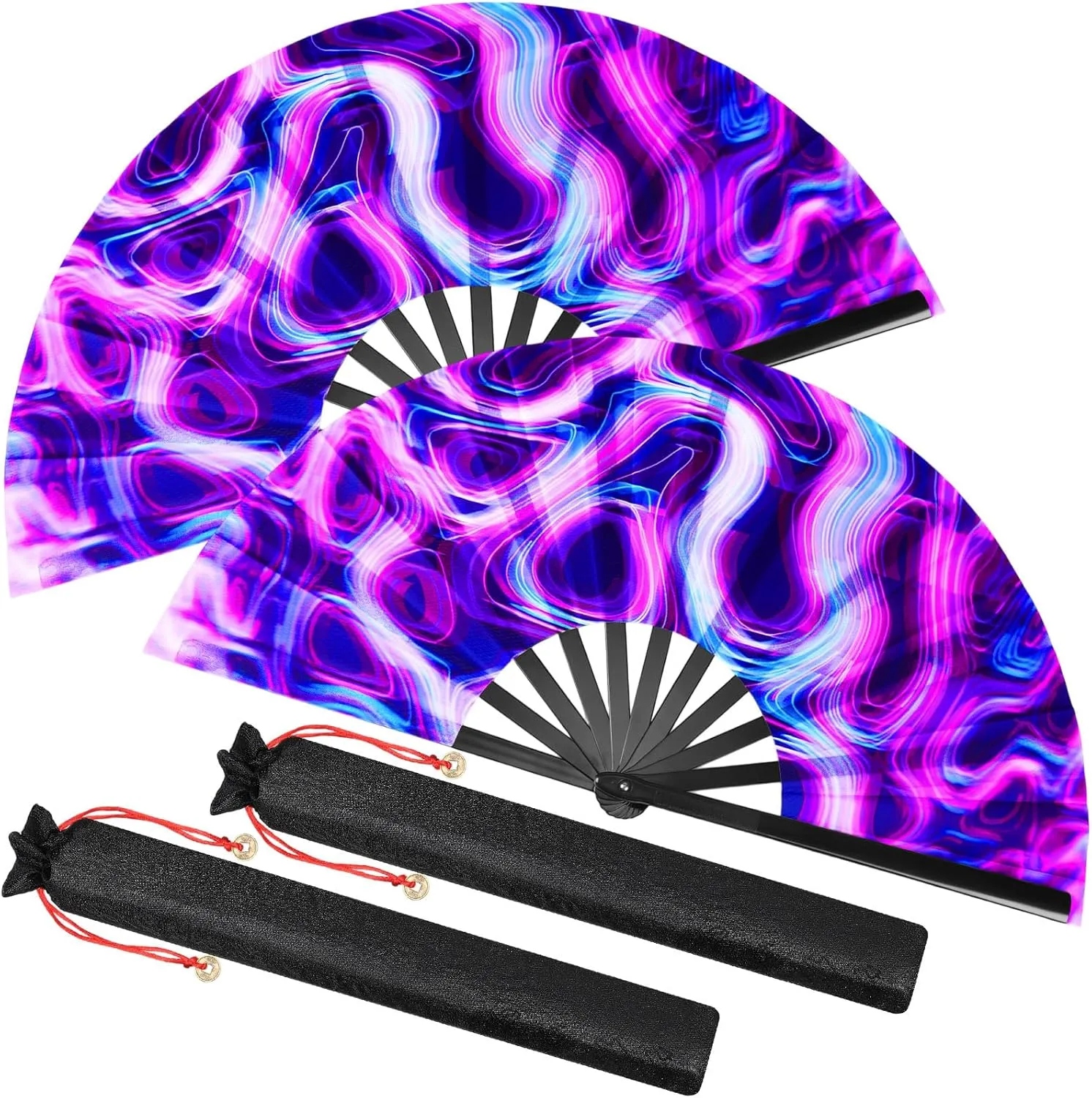 Boao 2 Pcs Large Rave Folding Hand Fans for Men Women Chinese Foldable Handheld Fan with Bags for Line Dancing, Kungfu, Music Festival, Disco, Party, Performance, Gift (Psychedelic Color)