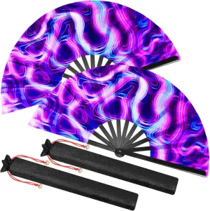 Boao 2 Pcs Large Rave Folding Hand Fans for Men Women Chinese Foldable Handheld Fan with Bags for Line Dancing, Kungfu, Music Festival, Disco, Party, Performance, Gift (Psychedelic Color)