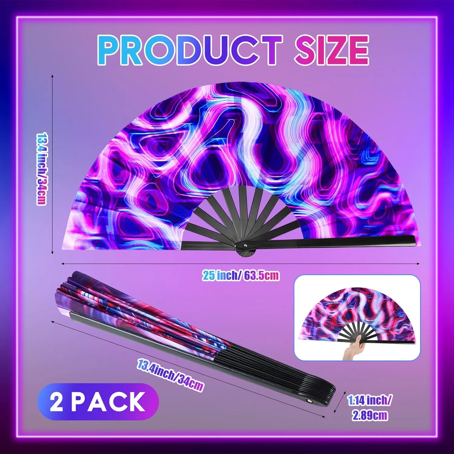 Boao 2 Pcs Large Rave Folding Hand Fans for Men Women Chinese Foldable Handheld Fan with Bags for Line Dancing, Kungfu, Music Festival, Disco, Party, Performance, Gift (Psychedelic Color)