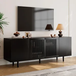 Boho TV Stand for 55-65 Inch TV, 4 Doors, Entertainment Center with Adjustable Shelf, TV Console with 4 Cabinets, Media Console, Solid Wood Feet, Cord Holes for Living Room, Bedroom, Black