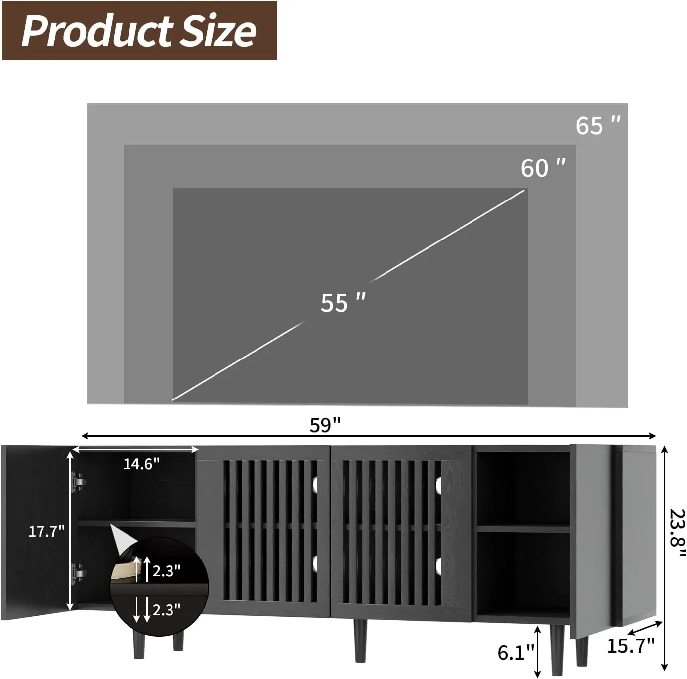 Boho TV Stand for 55-65 Inch TV, 4 Doors, Entertainment Center with Adjustable Shelf, TV Console with 4 Cabinets, Media Console, Solid Wood Feet, Cord Holes for Living Room, Bedroom, Black