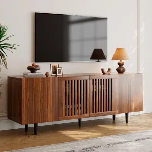Boho TV Stand for 55-65 Inch TV, 4 Doors, Entertainment Center with Adjustable Shelf, TV Console with 4 Cabinets, Media Console, Solid Wood Feet, Cord Holes for Living Room, Bedroom, Walnut