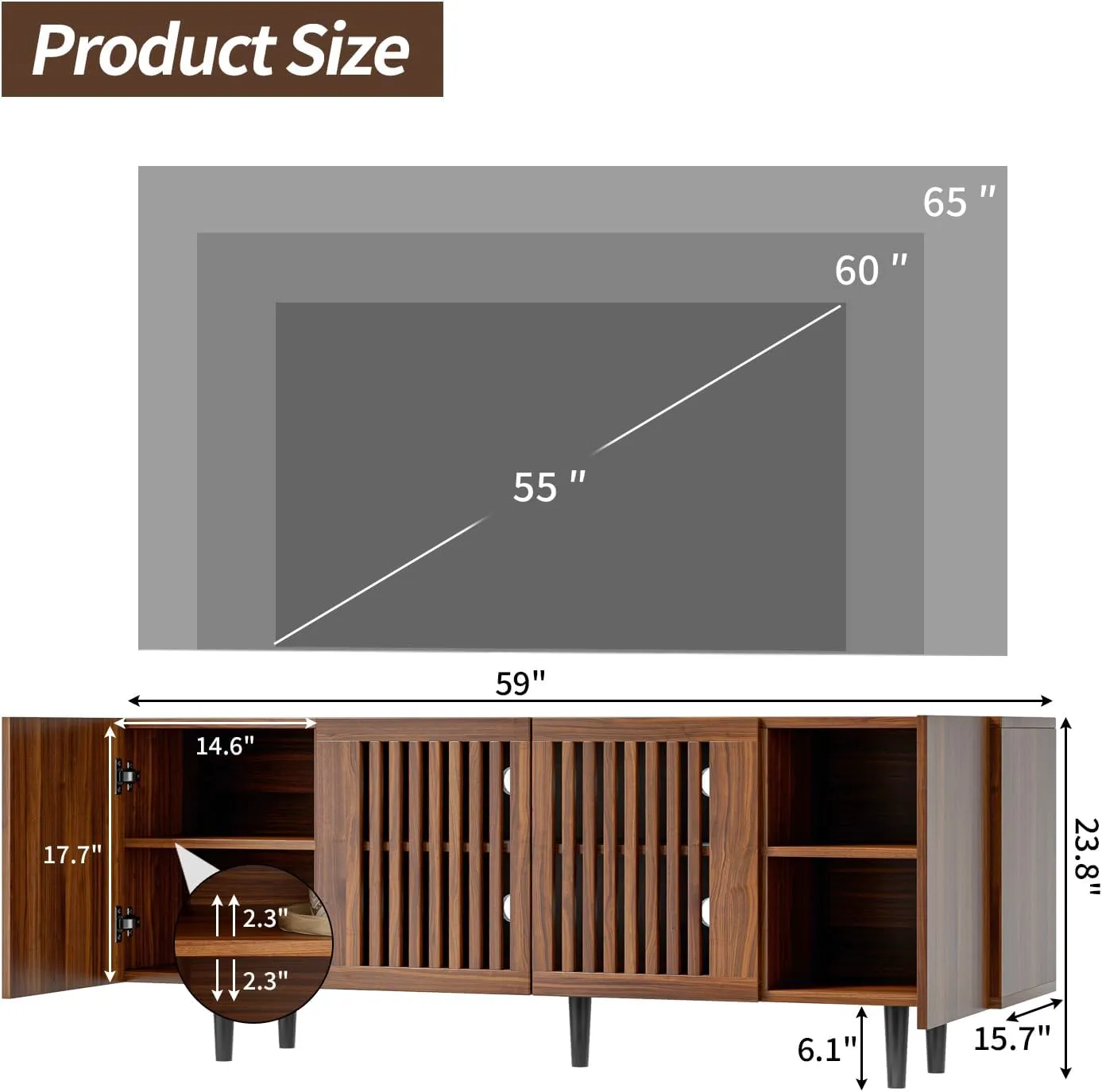 Boho TV Stand for 55-65 Inch TV, 4 Doors, Entertainment Center with Adjustable Shelf, TV Console with 4 Cabinets, Media Console, Solid Wood Feet, Cord Holes for Living Room, Bedroom, Walnut