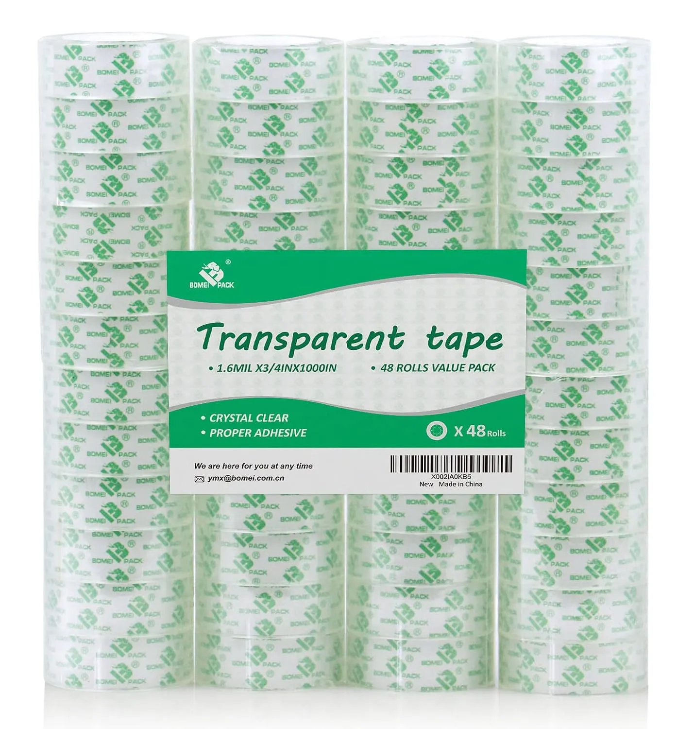 BOMEI PACK 48 Rolls Crystal Clear Transparent Tape, Stationery Tape Refills Rolls for Dispenser, 3/4 in x 1000 in,1 inch Core, Gift Wrapping Tape for Office, School and Home