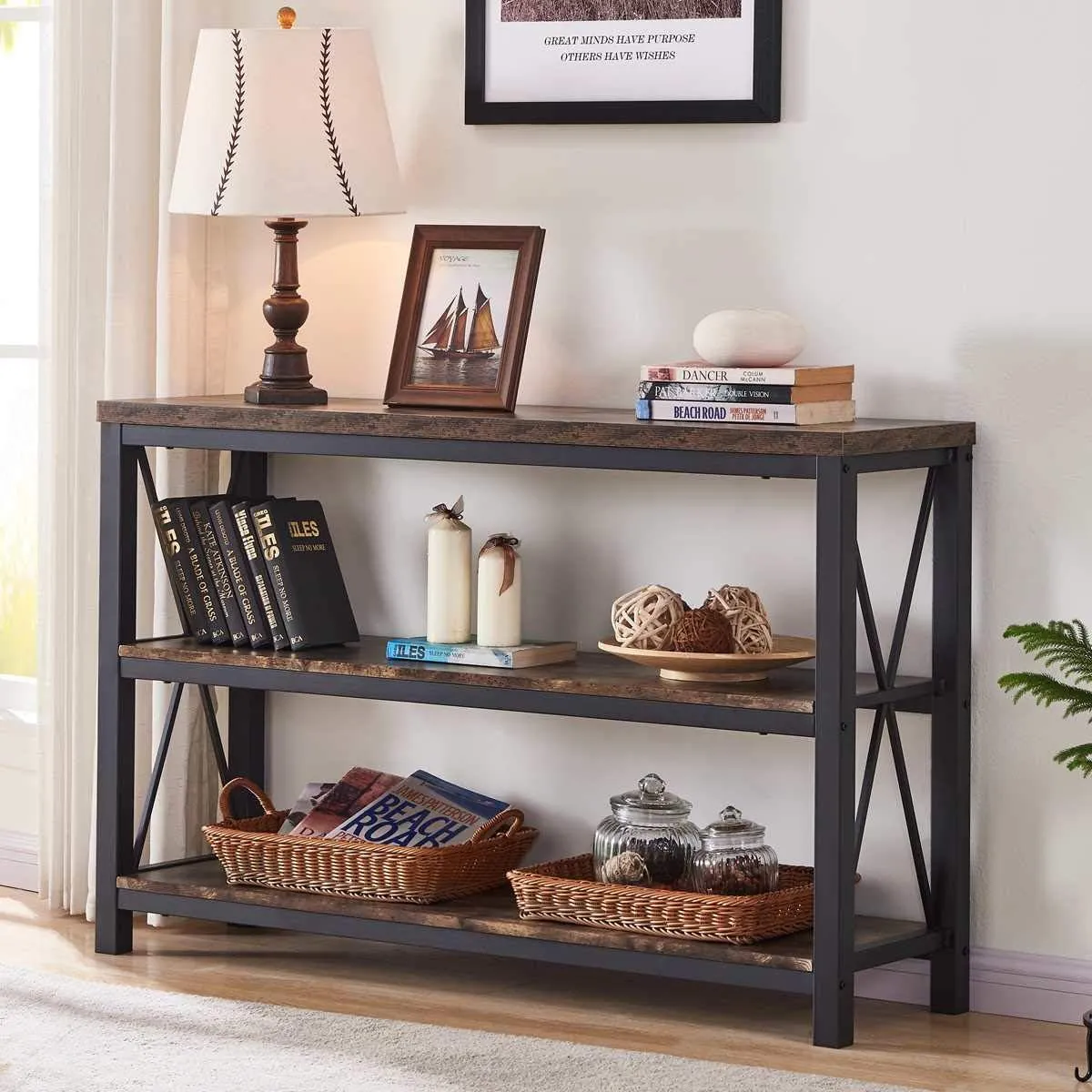 BON AUGURE Industrial Sofa Console Table for Entryway, 3 Tier Foyer Table for Hallway, Rustic Hall Tables Behind Couch (47 Inch, Rustic Brown)