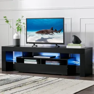 Bonzy Home LED TV Stand for 70 Inch TV, Black Entertainment Center with RGB Light and Glass Shelves, Modern TV Stands for Living Room, Bedroom