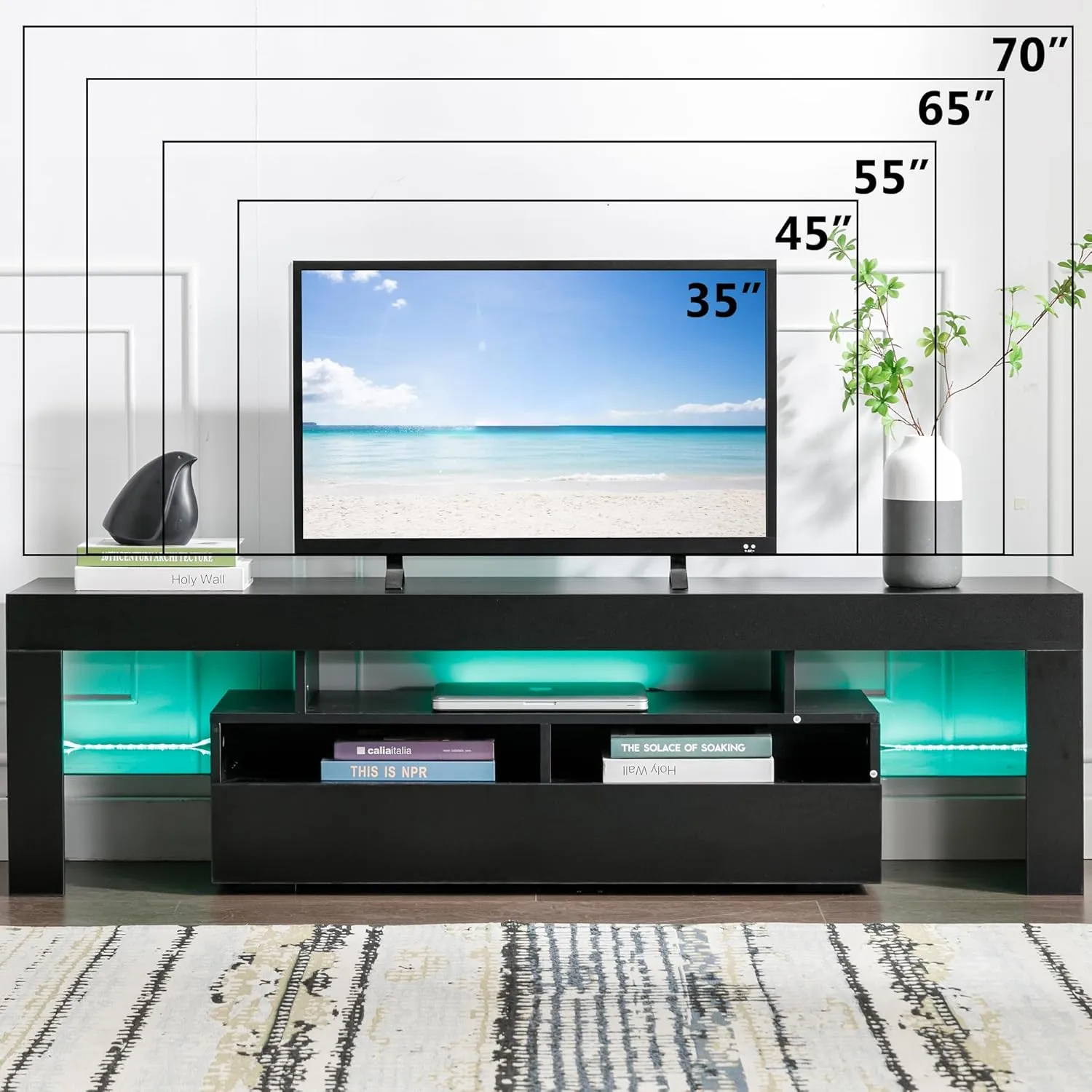 Bonzy Home LED TV Stand for 70 Inch TV, Black Entertainment Center with RGB Light and Glass Shelves, Modern TV Stands for Living Room, Bedroom
