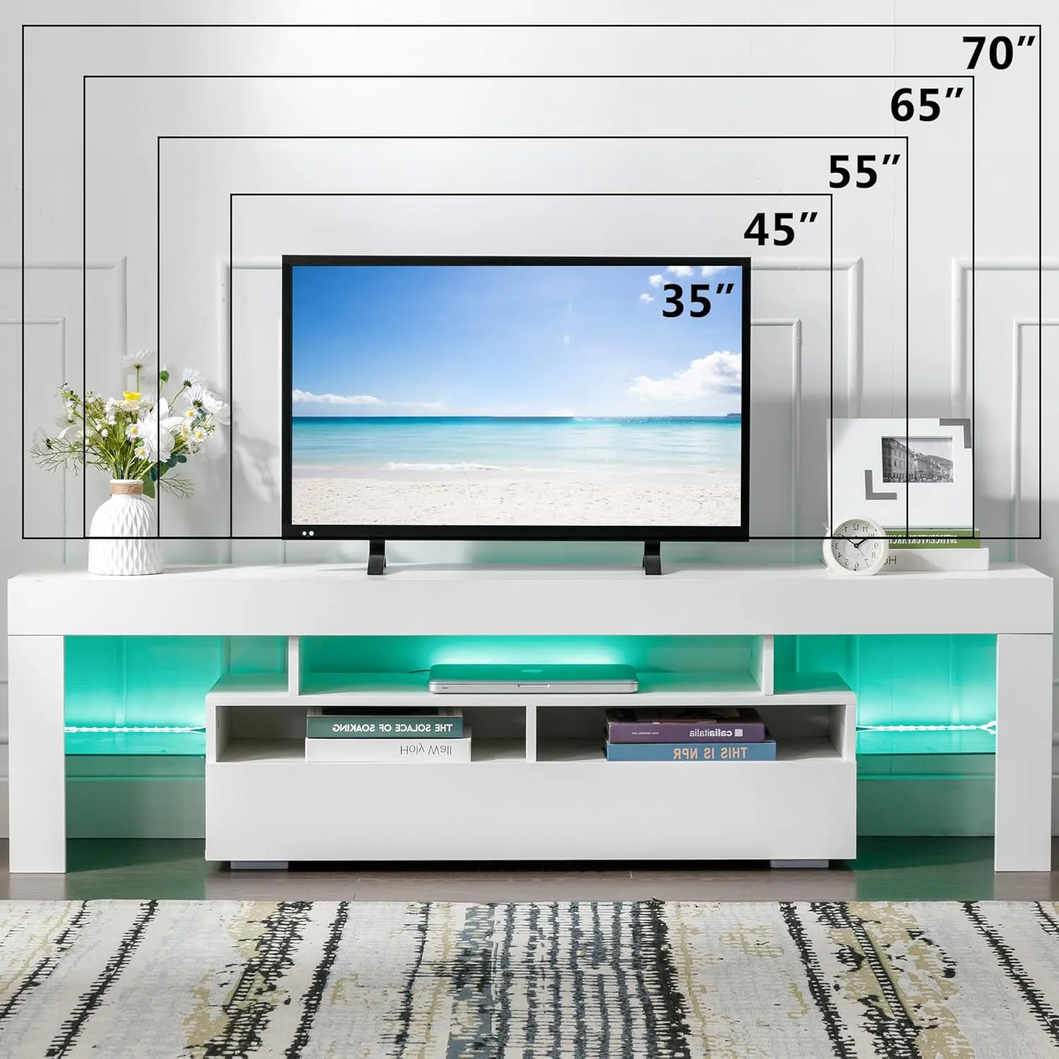 Bonzy Home LED TV Stand for 70 Inch TV, White Entertainment Center with RGB Light and Glass Shelves, Modern TV Stands for Living Room, Bedroom