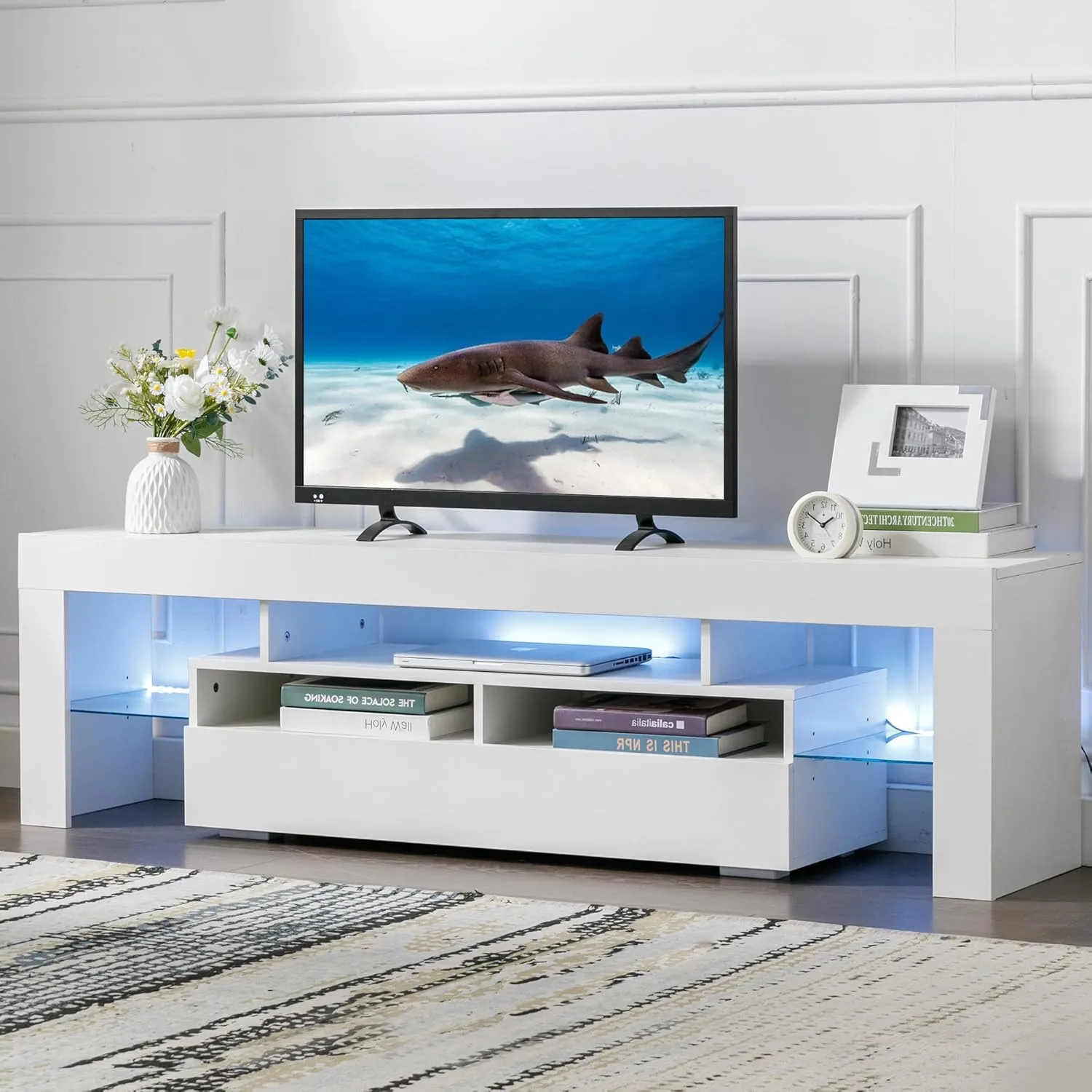 Bonzy Home LED TV Stand for 70 Inch TV, White Entertainment Center with RGB Light and Glass Shelves, Modern TV Stands for Living Room, Bedroom
