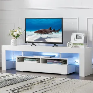 Bonzy Home LED TV Stand for 70 Inch TV, White Entertainment Center with RGB Light and Glass Shelves, Modern TV Stands for Living Room, Bedroom