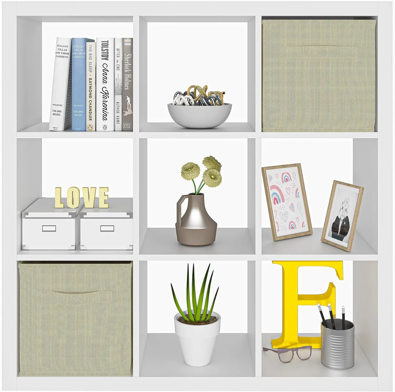 Bookshelf with Storage Bins, 9-Cube Storage Organizer Sturdy Wooden Bookcase Open Book Shelf, Multifunctional Cubicle Rack for Storage & Display, Furniture for Living Room Bedroom Office, White
