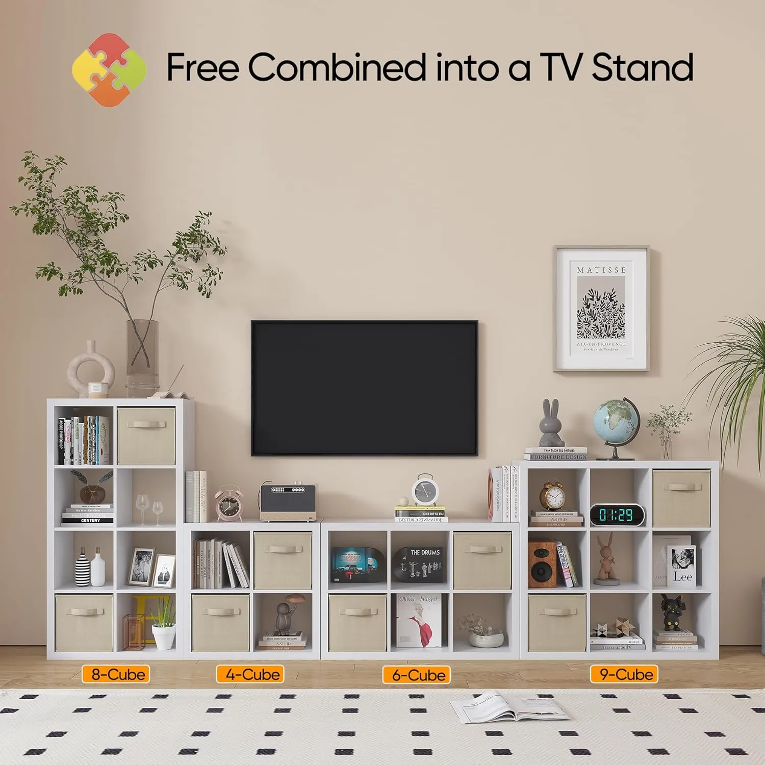 Bookshelf with Storage Bins, 9-Cube Storage Organizer Sturdy Wooden Bookcase Open Book Shelf, Multifunctional Cubicle Rack for Storage & Display, Furniture for Living Room Bedroom Office, White
