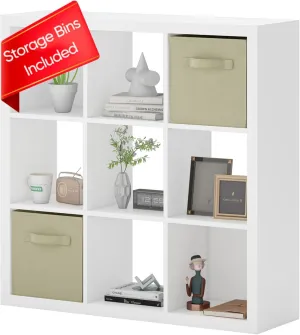 Bookshelf with Storage Bins, 9-Cube Storage Organizer Sturdy Wooden Bookcase Open Book Shelf, Multifunctional Cubicle Rack for Storage & Display, Furniture for Living Room Bedroom Office, White