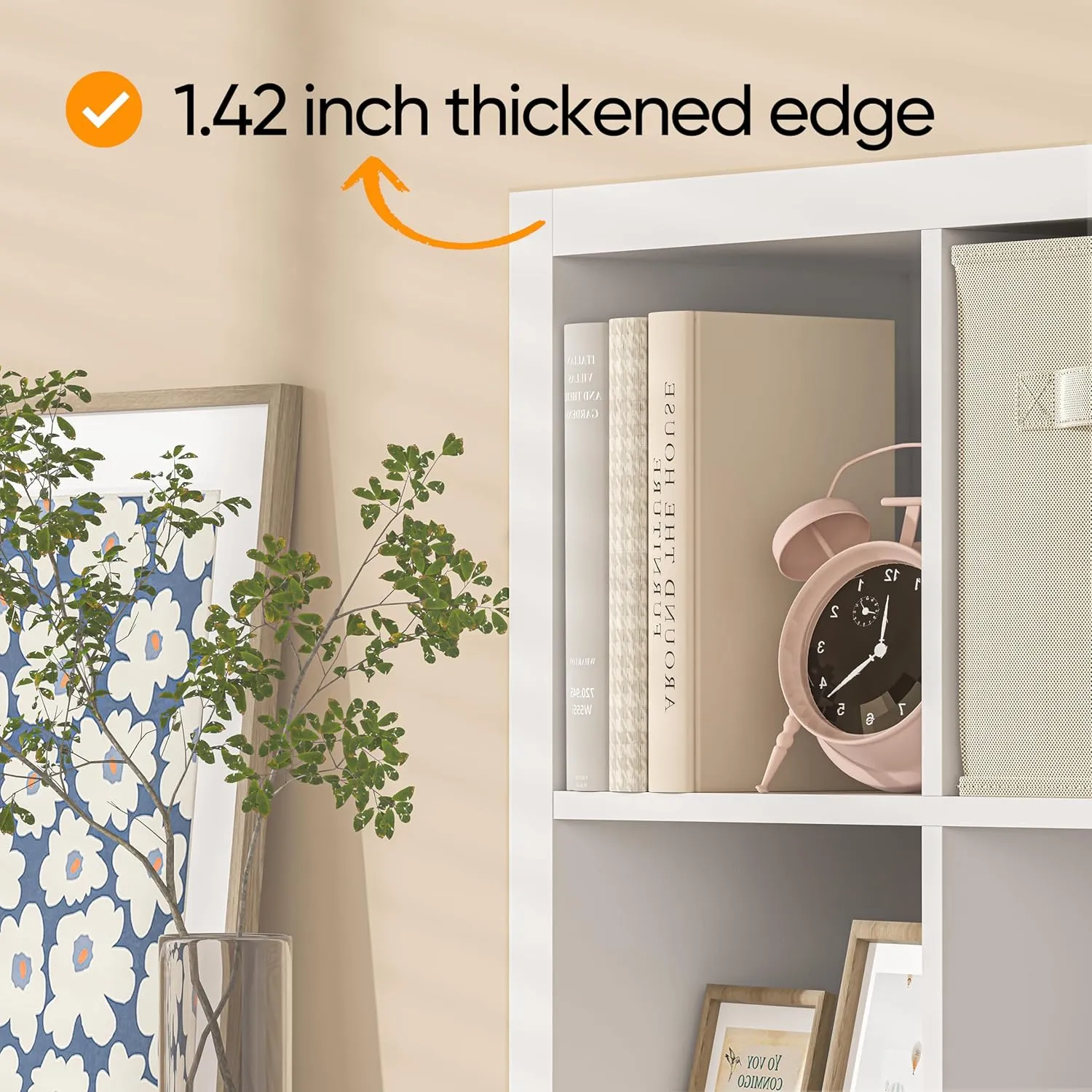 Bookshelf with Storage Bins, 9-Cube Storage Organizer Sturdy Wooden Bookcase Open Book Shelf, Multifunctional Cubicle Rack for Storage & Display, Furniture for Living Room Bedroom Office, White