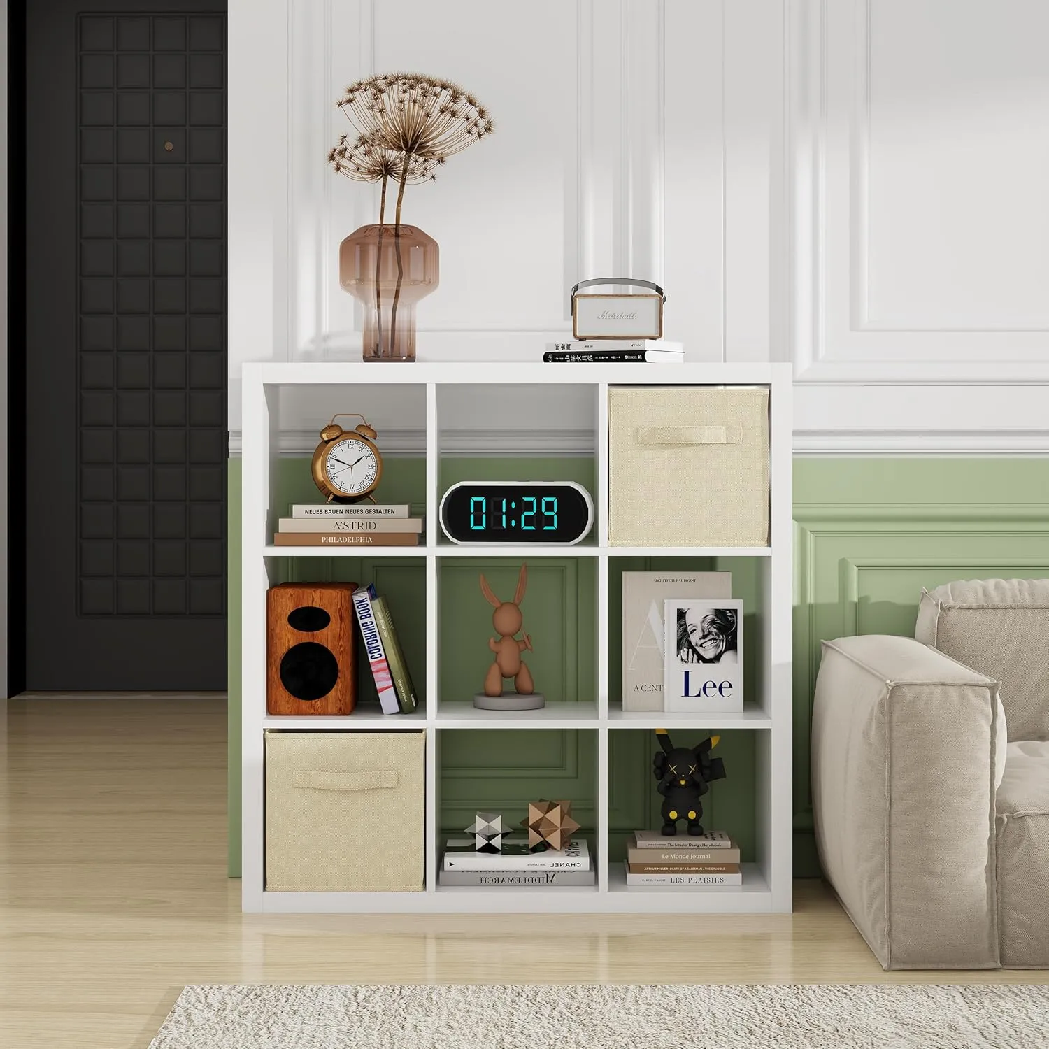 Bookshelf with Storage Bins, 9-Cube Storage Organizer Sturdy Wooden Bookcase Open Book Shelf, Multifunctional Cubicle Rack for Storage & Display, Furniture for Living Room Bedroom Office, White