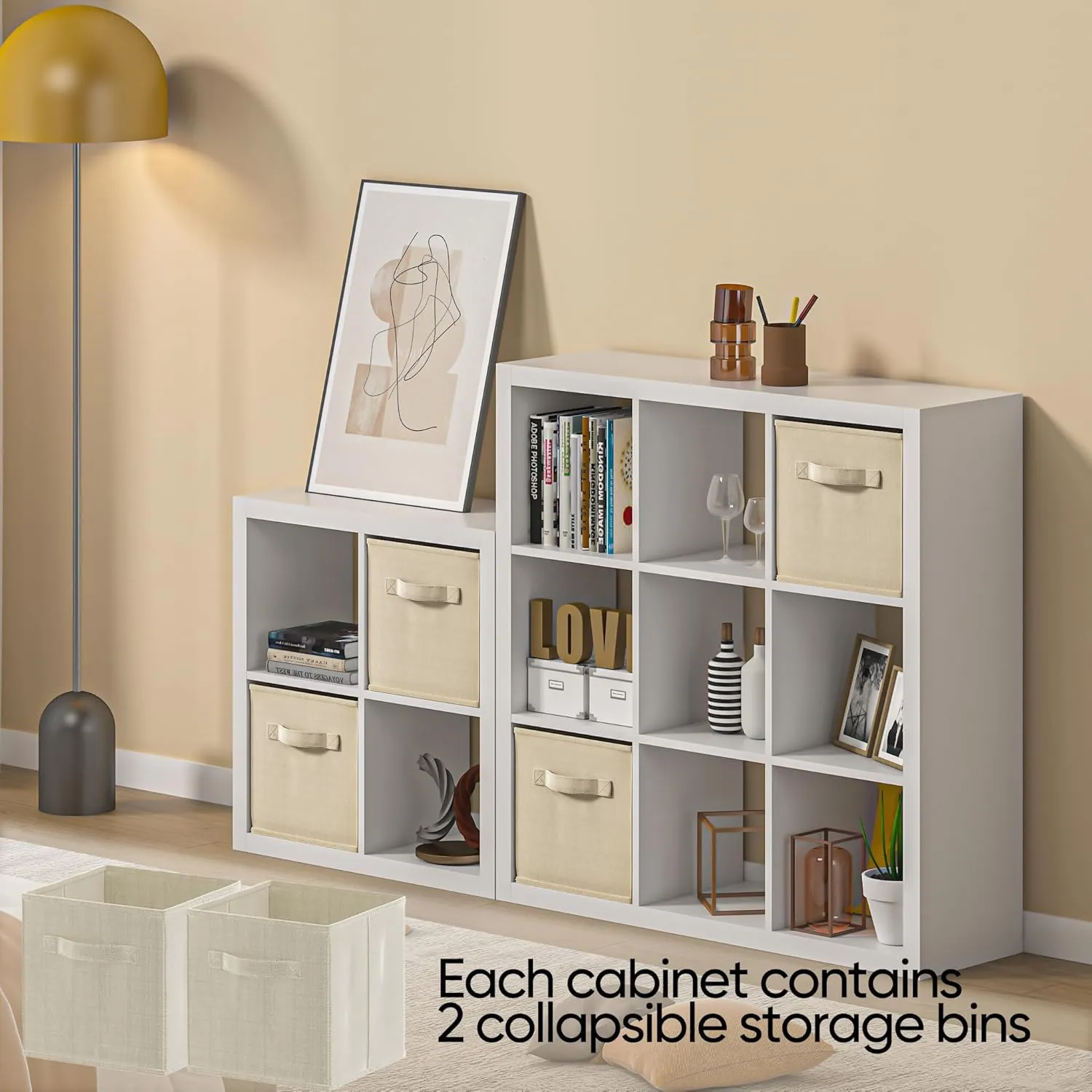 Bookshelf with Storage Bins, 9-Cube Storage Organizer Sturdy Wooden Bookcase Open Book Shelf, Multifunctional Cubicle Rack for Storage & Display, Furniture for Living Room Bedroom Office, White