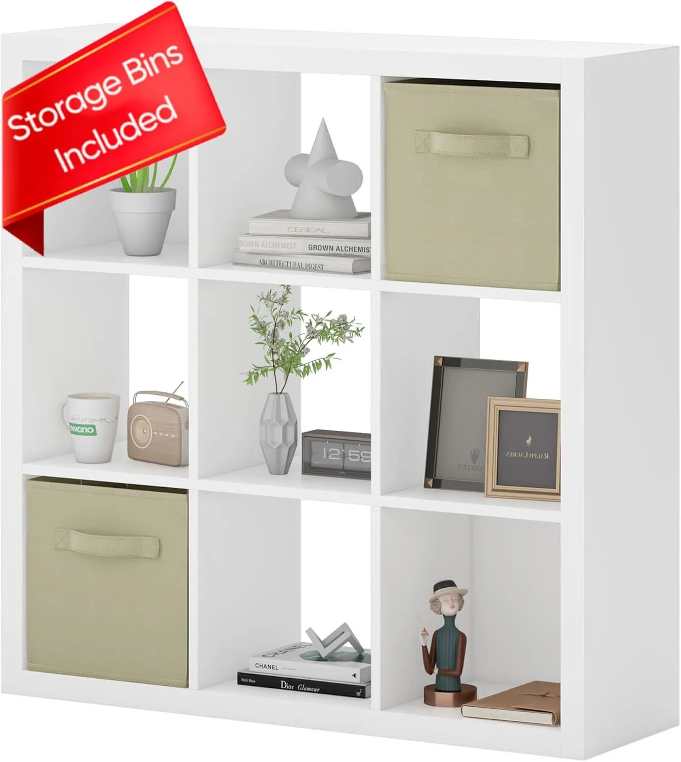 Bookshelf with Storage Bins, 9-Cube Storage Organizer Sturdy Wooden Bookcase Open Book Shelf, Multifunctional Cubicle Rack for Storage & Display, Furniture for Living Room Bedroom Office, White