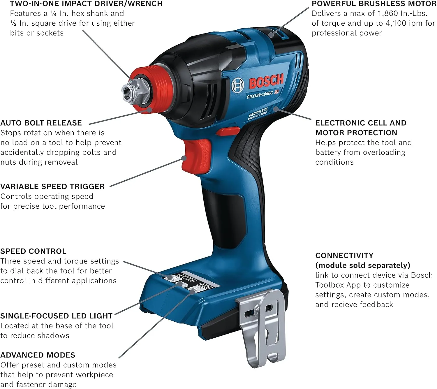 BOSCH GDX18V-1860CN 18V Connected-Ready Two-In-One 1/4 In. and 1/2 In. Bit/Socket Impact Driver/Wrench (Bare Tool)