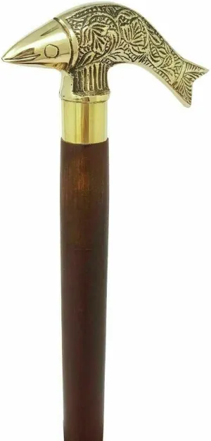 Brass Fish Head Walking Stick - Vintage Wooden Handmade Walking Cane with Designer Fish Head - Antique Style Luxury Walking Stick with Brown Wooden Shaft, Golden Cane for Men, Women