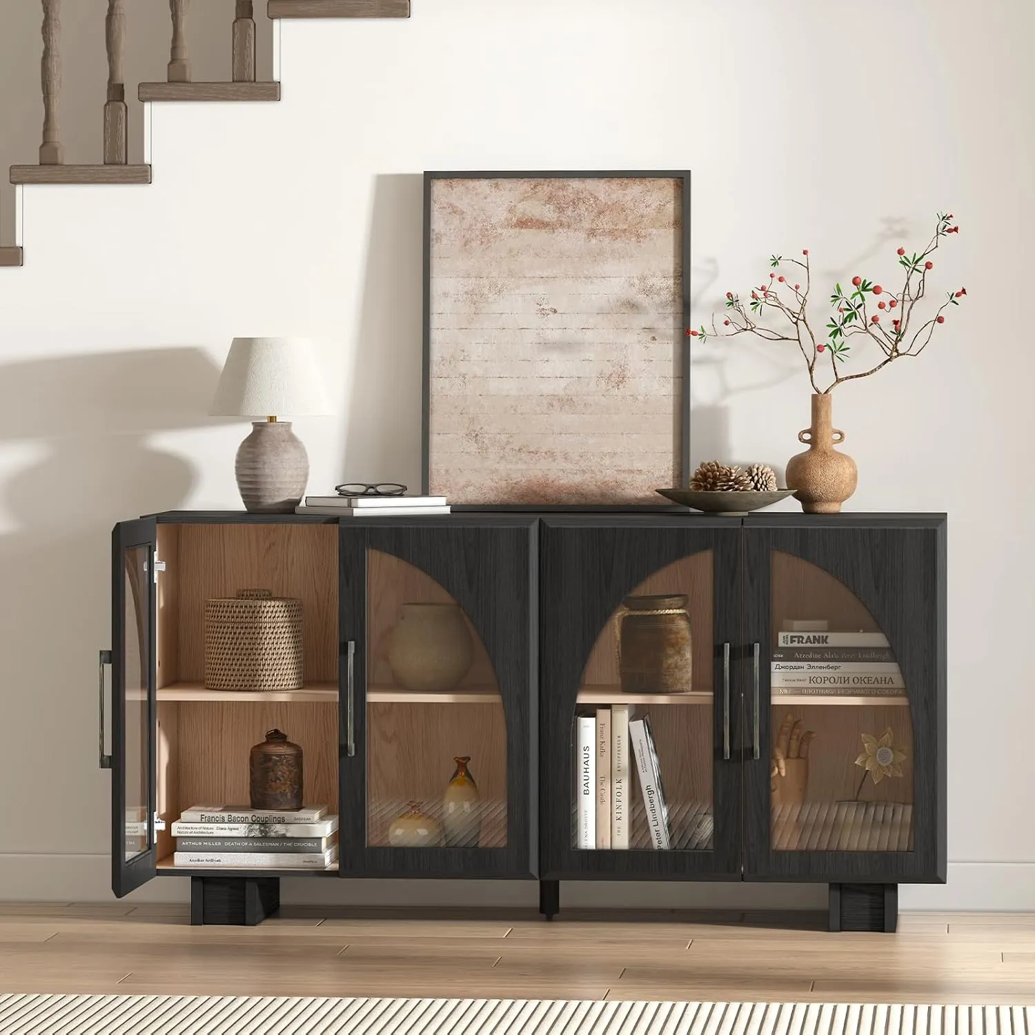 Buffet Cabinet with Storage, 63 '' Large Sideboard with Glass Doors, Arched Cabinet with Adjustable Shelves,Credenzas for Living Room,Entryway,Kitchen(Black, 4 Doors)