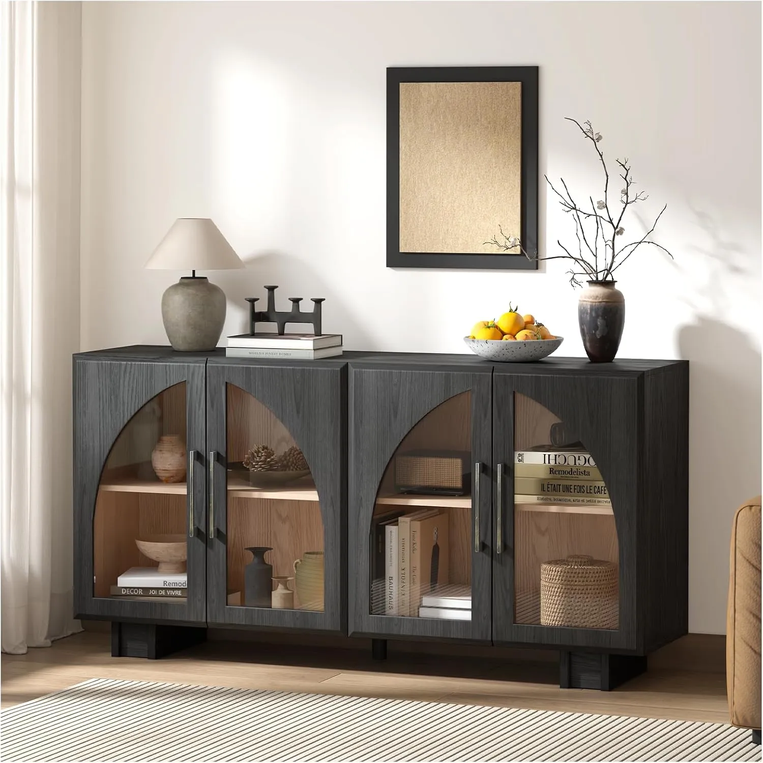 Buffet Cabinet with Storage, 63 '' Large Sideboard with Glass Doors, Arched Cabinet with Adjustable Shelves,Credenzas for Living Room,Entryway,Kitchen(Black, 4 Doors)