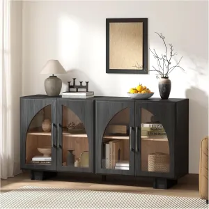 Buffet Cabinet with Storage, 63 '' Large Sideboard with Glass Doors, Arched Cabinet with Adjustable Shelves,Credenzas for Living Room,Entryway,Kitchen(Black, 4 Doors)