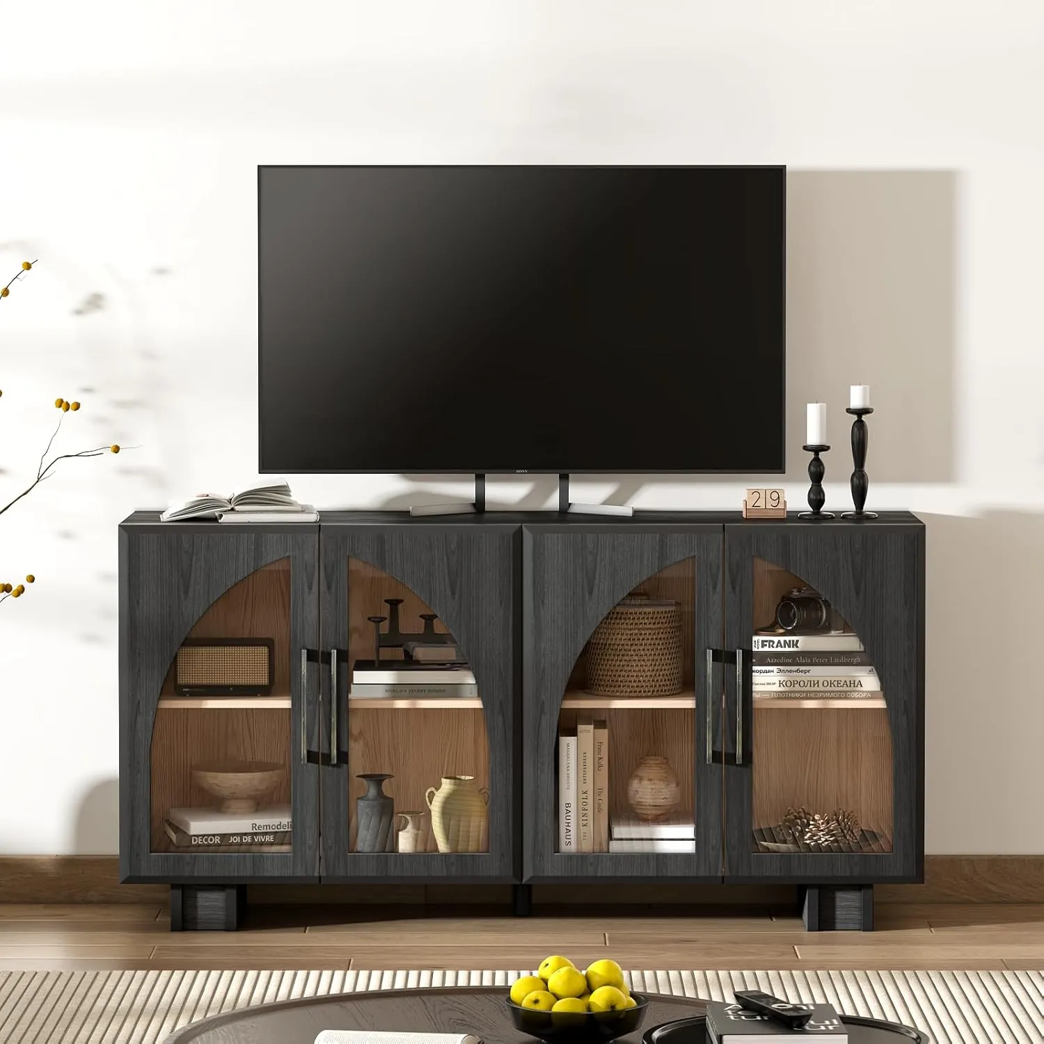 Buffet Cabinet with Storage, 63 '' Large Sideboard with Glass Doors, Arched Cabinet with Adjustable Shelves,Credenzas for Living Room,Entryway,Kitchen(Black, 4 Doors)