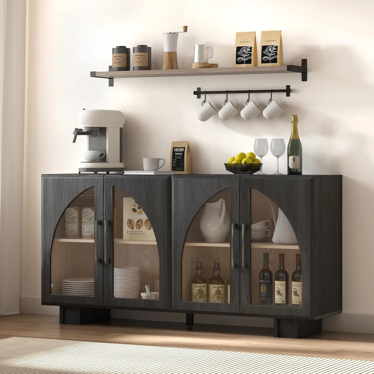 Buffet Cabinet with Storage, 63 '' Large Sideboard with Glass Doors, Arched Cabinet with Adjustable Shelves,Credenzas for Living Room,Entryway,Kitchen(Black, 4 Doors)